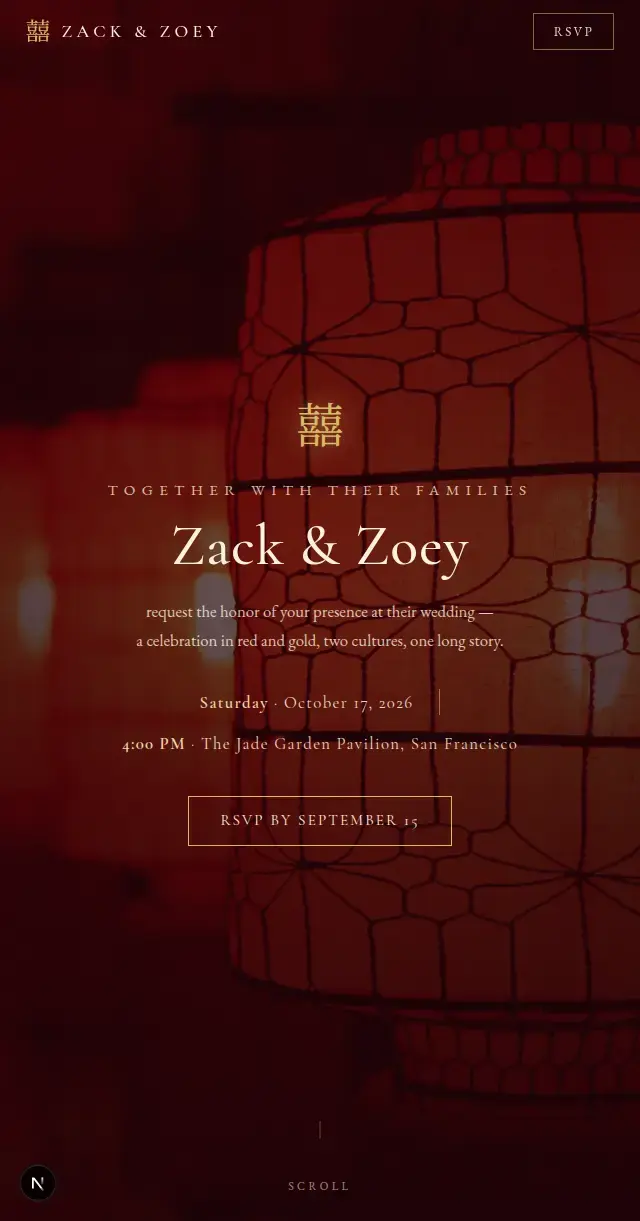 The Zack & Zoey wedding website on a phone — a red-and-gold invitation with RSVP