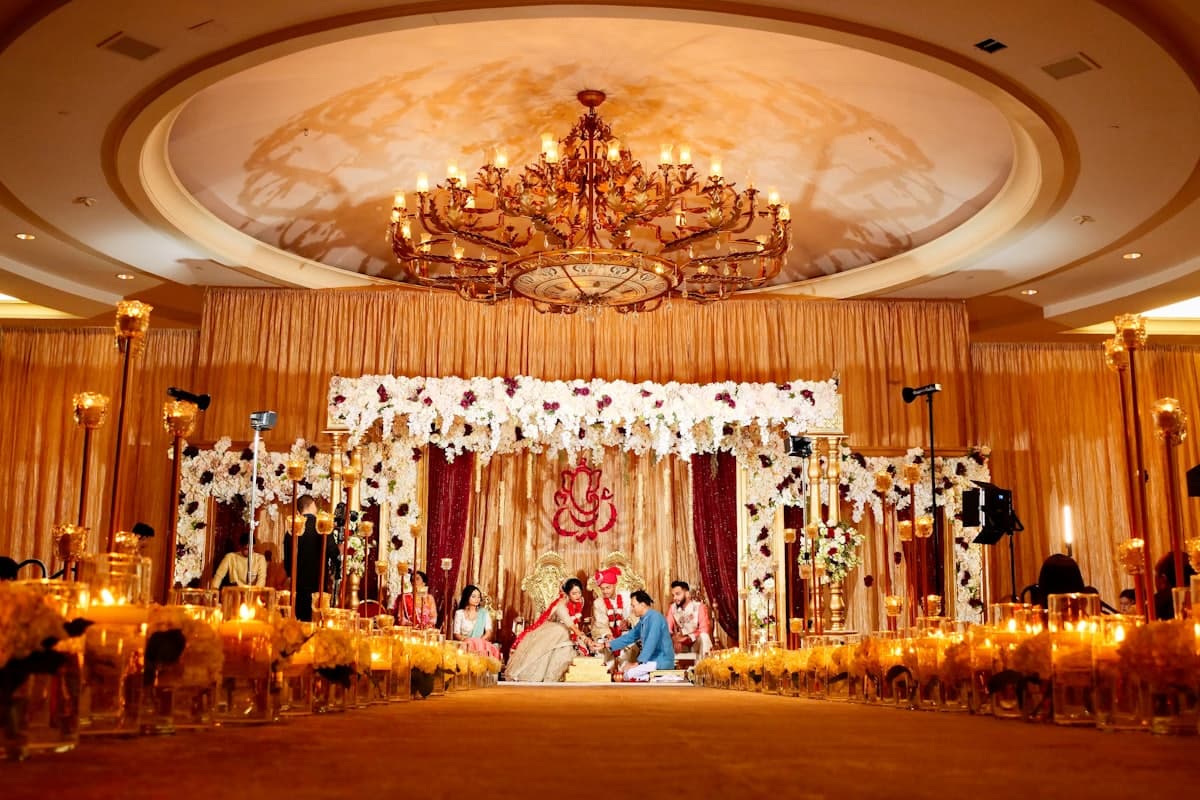 The ornate wedding stage, dressed in gold