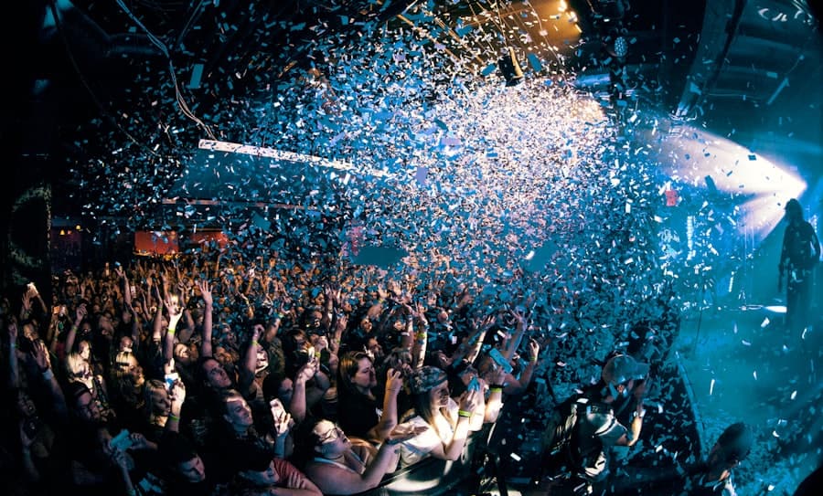 Confetti raining over a dance floor