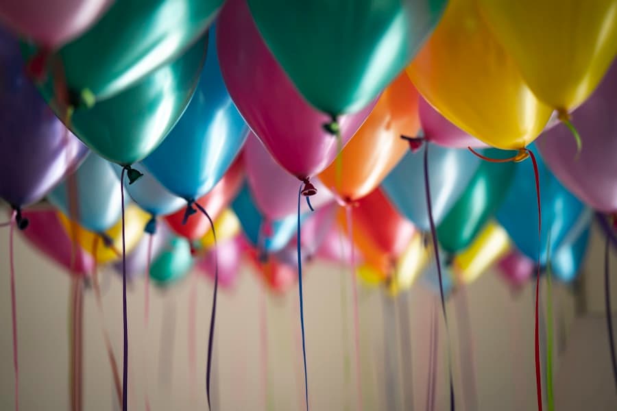 A ceiling of colourful balloons